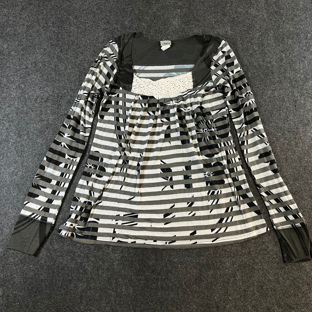 Daytrip Women Gray Striped Floral Crochet Lace Square Neck Long Sleeve Top M Y2K